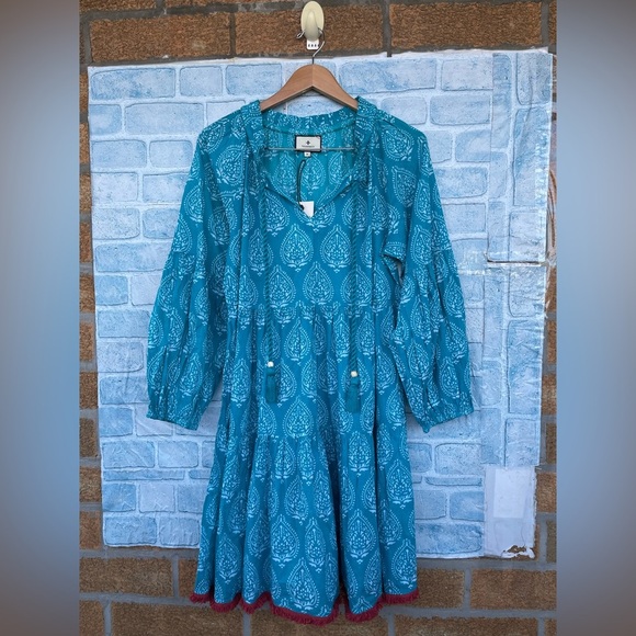 TUCKERNUCK Tropical Teal Lantern Block Print Tie Neck Coverup Dress Size Medium - Picture 3 of 14